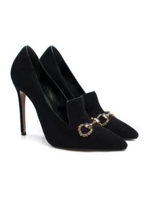 Gucci Black Suede Embellished Heeled Loafers