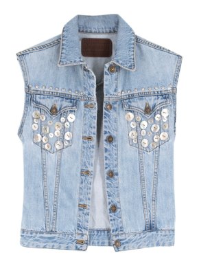 Rockins Sleeveless Button Embellished Light Blue Denim Jacket