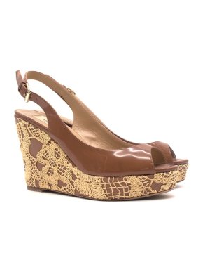 Valentino Patent Leather & Lace Peep-Toe Slingback Wedges