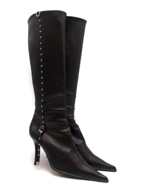 Gianmarco Lorenzi Black Pointed Knee-High Leather Stiletto Boots