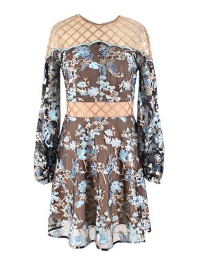 Elliatt Collective Gold-Lattice & Blue Floral-Embroidered Dress