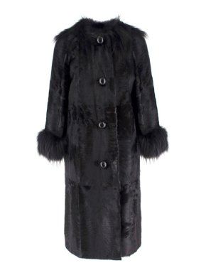 Lanvin Black Lambs Fur Long Coat With Fox Fur Trim