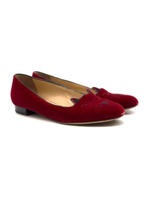 Charlotte Olympia Kitty red velvet flat pumps
