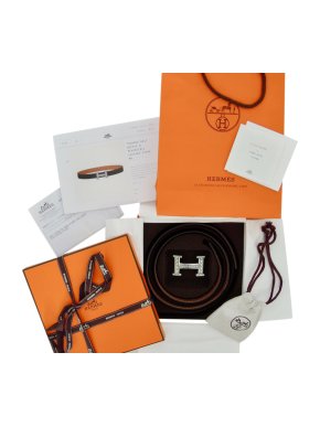 Hermes Silver Touareg Belt Buckle & Reversible Leather Belt- Full Set