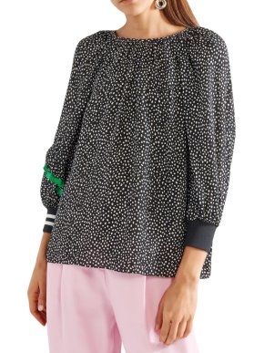 Tibi polkadot black & white top with silk green ruffle trim