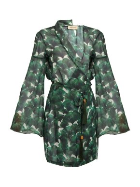Adriana Degreas Ginkgo-Print Silk-Chiffon Wrap Kaftan