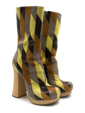 Prada Brown and Yellow Leather Platform Boots