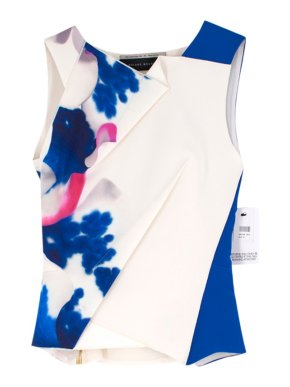 Roland Mouret White and Blue-Printed Silk Top