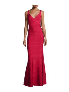 Herve Leger Red Deep V-Neck Bandage Gown