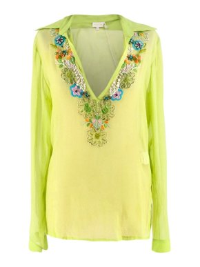 Valentino Embellished Green Sheer Silk Top