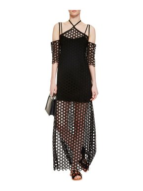Isa Arfen Black Eyelet Cold-shoulder Long Dress
