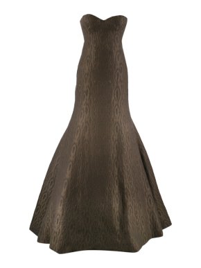 Rochas Chocolate Brown & Green Wool & Silk Jacquard Fishtail Gown