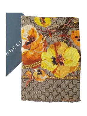 Gucci Monogram Wool Scarf W/ Yellow Floral Trim