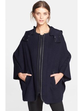 VINCE Navy Blue Hooded Wool Blend Cape with Leather Trim XS