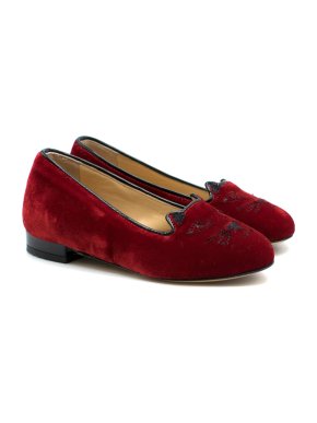 Charlotte Olympia Girls Red Velvet Incy Kitty Flats