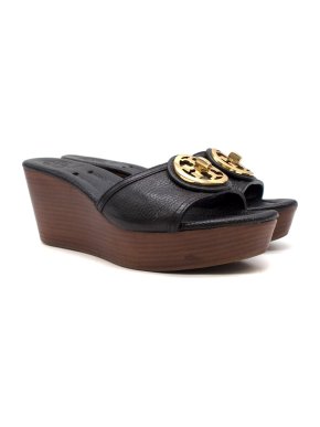 Tory Burch Black Grained Leather Wedge Slides