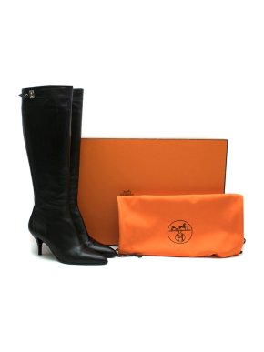 Hermes Black Leather Point-toe Heeled Long Boots