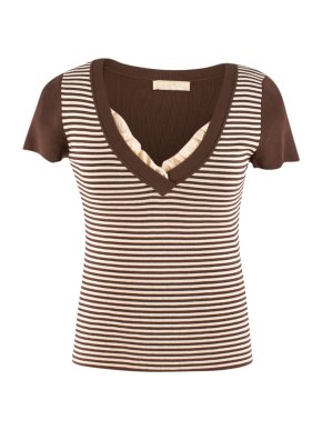 Valentino Brown and Cream Striped Top with Lace Trim