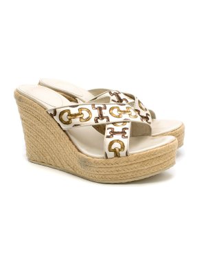 Gucci White Bamboo Link Print Espadrille Wedges