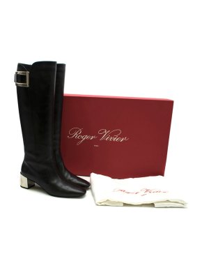 Roger Vivier Black Leather Buckle Long Heeled Boots