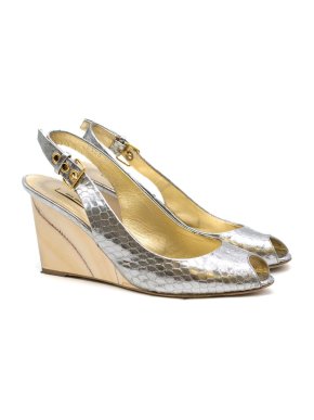 Miu Miu Silver Snakeskin Print Wooden Wedge Sandals