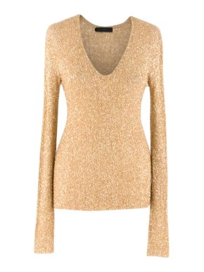 Donna Karan Gold Cashmere Sequin Long Sleeve Knit Top