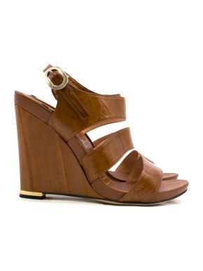 Sergio Rossi Brown Distressed Patent Leather Wedges