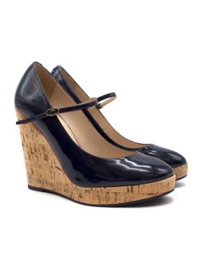 Yves Saint Laurent Navy Patent Leather Cork Wedges