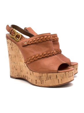 Chloe Brown braided leather cork wedges