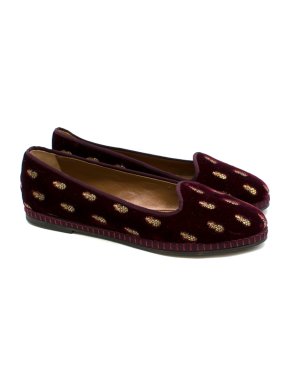 Aquazzura Red Velvet Gold Pineapple Print Loafers