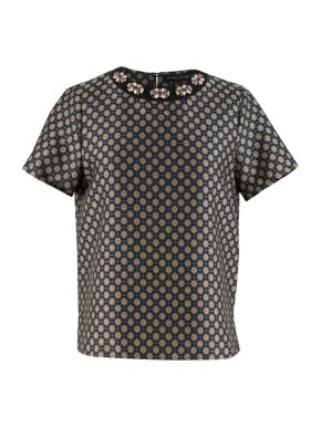 Etro 40 Black Printed Silk Blend Top with Jewelled Neck
