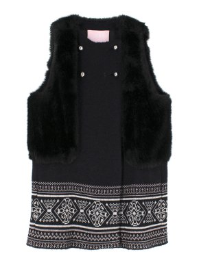 Giamba Black Wool Blend Sleeveless Embroidered Coat with Faux Fur