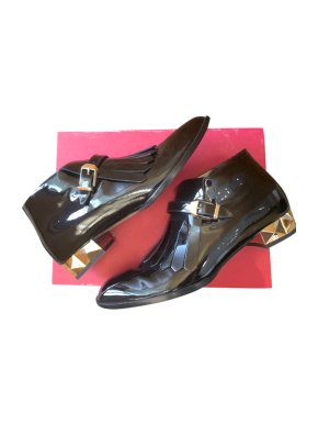 Valentino Black Patent Rockstud Fringed Booties