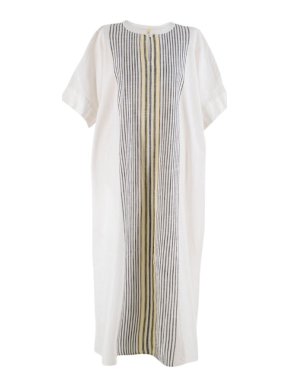 Choice Gold Off White Cotton Striped Long Kaftan Dress