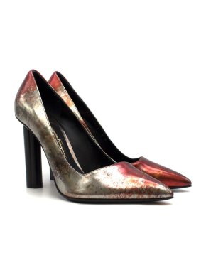 Salvatore Ferragamo Metallic Red & Silver Flower Heel Pumps