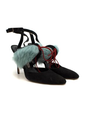 Manolo Blahnik Black Suede Fur Trim Lace-Up Sandals