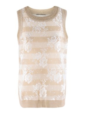 Ermanno Scervino Gold Floral Lace Striped Sleeveless Top