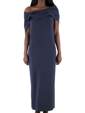 Balenciaga draped off shoulder layered navy gown