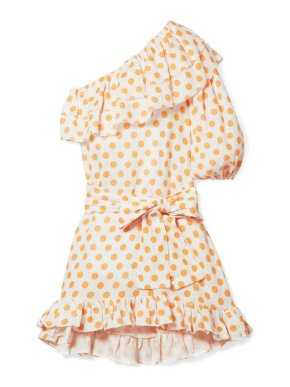 Lisa Marie Fernandez Ruffled One-shoulder Yellow Dot Linen Mini Dress