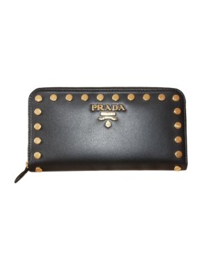 Prada Black Leather Studded Zip-Around Wallet