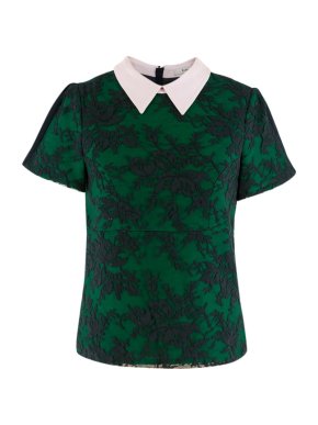 Erdem Navy & Green Wool Embroidered Top W/ Baby Pink Collar