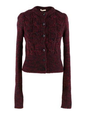 Prada Red & Black Wool Cable Knit Crop Cardigan