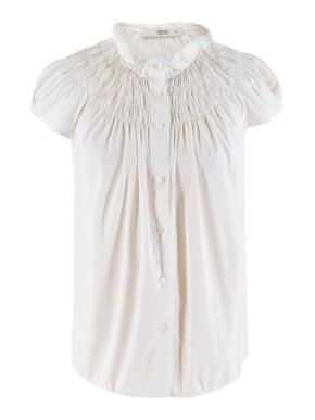 Prada White Smocked-Neck Cotton Poplin Blouse