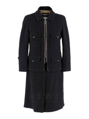 Chanel Black Tweed Zip Front Skirt Suit