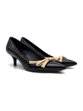 Prada Black Patent Heels With Ivory Bow