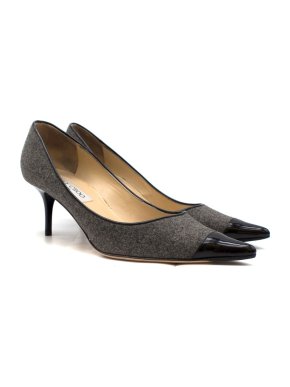 Jimmy Choo London Grey Wool & Black Patent Leather Pumps