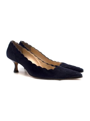 Manolo Blahnik navy blue suede scalloped kitten heel pumps