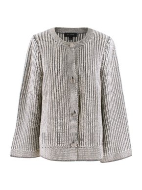 St.John White and Grey Wool-Blend Knit Cardigan