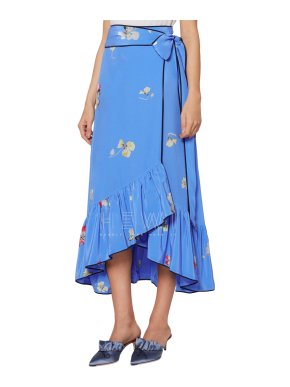 Ganni Blue Silk Floral Printed Joycedale Wrap Skirt