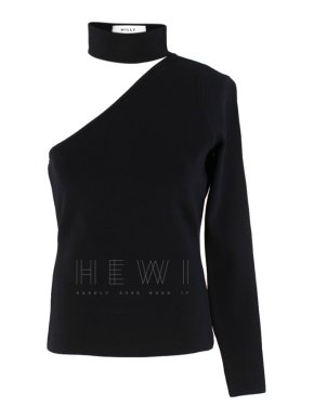 Milly Black woven one shoulder choker neck top